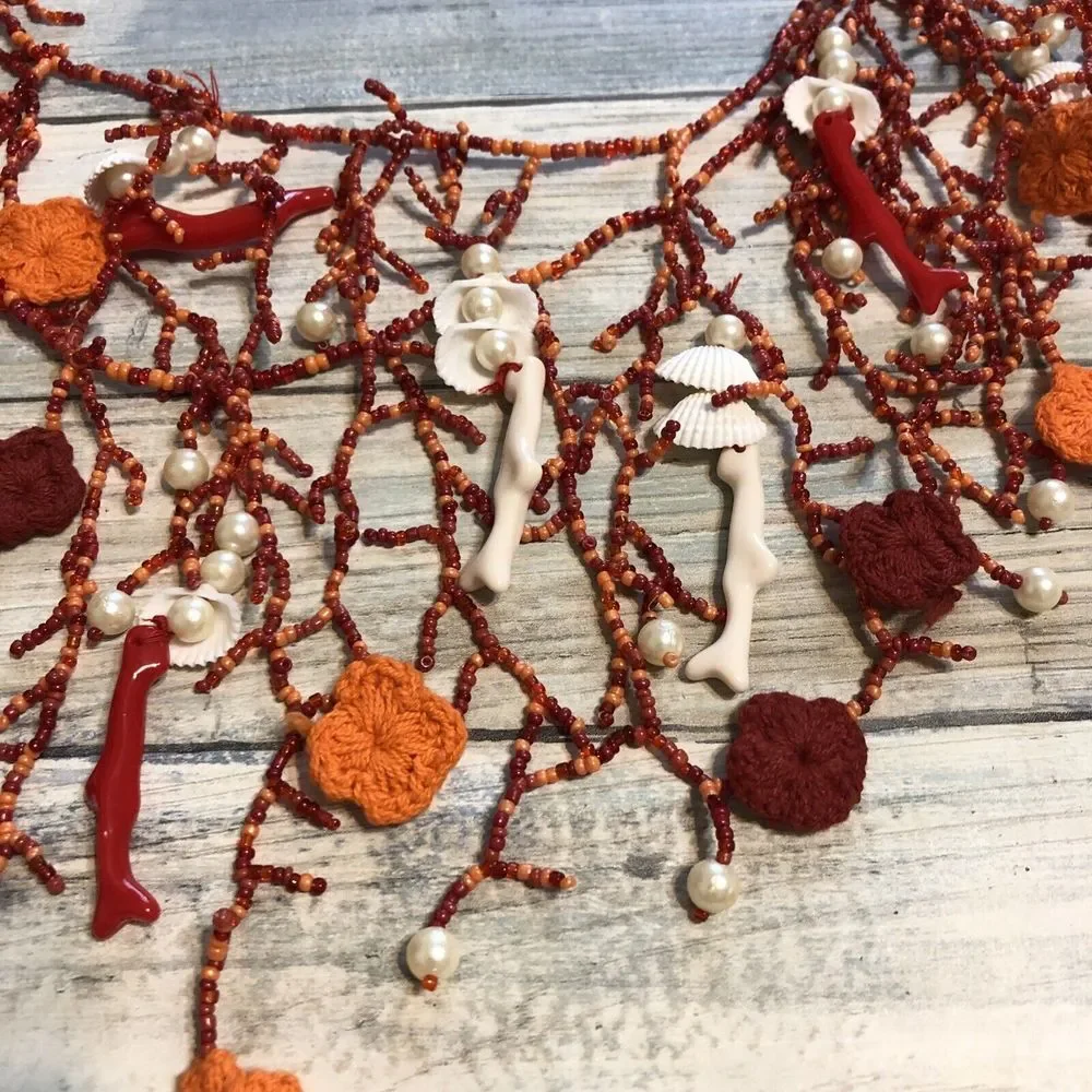Artisan Handmade Faux Coral Pearl Necklace Acrylic Crochet Shells Red Orange 48